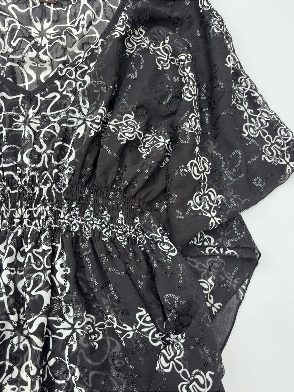 Y2K Black White Sequin Abstract Scroll Tunic Sheer Flutter Sleeve Boho M - Picture 6 of 11